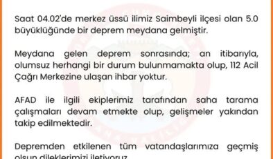 Saimbeyli İlçesinde Bugün Sabah Saat 04.02  ‘de 5.0 Büyüklüğünde DEPREM Meydana Geldi. Deprem Çevre İlçelerden de Hissedildi…Konuya Dair Adana Valiliği Açıklamada Bulundu…