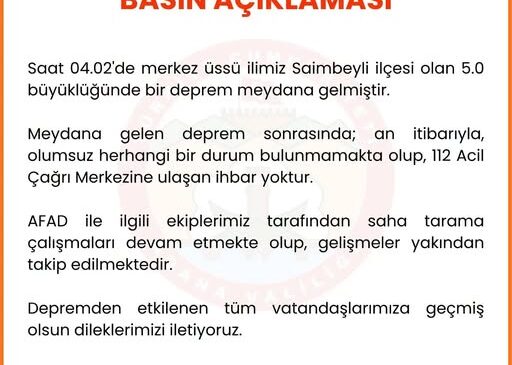 Saimbeyli İlçesinde Bugün Sabah Saat 04.02  ‘de 5.0 Büyüklüğünde DEPREM Meydana Geldi. Deprem Çevre İlçelerden de Hissedildi…Konuya Dair Adana Valiliği Açıklamada Bulundu…