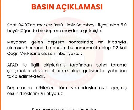 Saimbeyli İlçesinde Bugün Sabah Saat 04.02  ‘de 5.0 Büyüklüğünde DEPREM Meydana Geldi. Deprem Çevre İlçelerden de Hissedildi…Konuya Dair Adana Valiliği Açıklamada Bulundu…